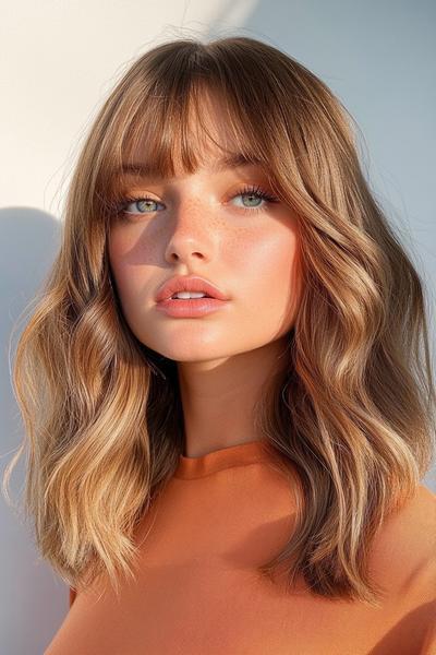 A woman with long, wavy hair and curtain bangs gazes softly, her hair illuminated by natural light.