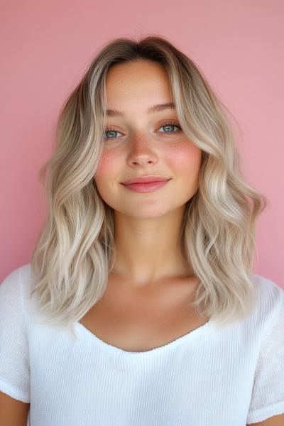 A young woman with light ash blonde, shoulder-length, wavy hair smiles gently in front of a pink background.