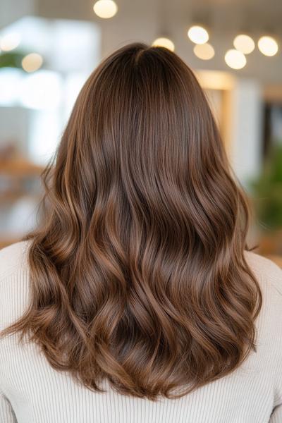 A person with long, dark brown, wavy hair seen from the back.