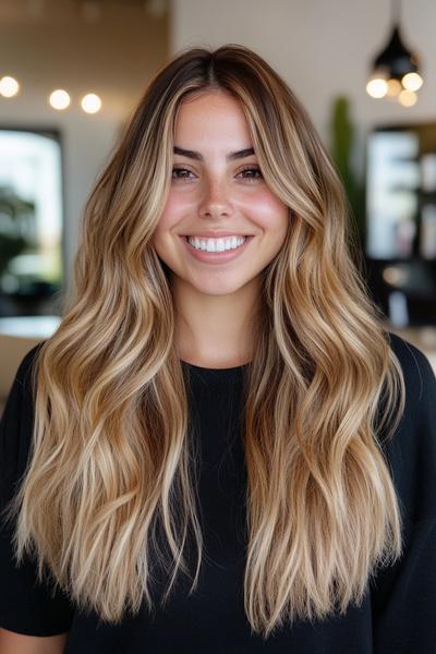 A woman with long, wavy blonde hair featuring dark brown streaks, creating a natural and stylish contrast.