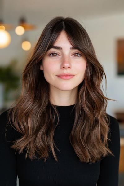 A woman with dark chocolate brown hair styled in loose waves and curtain bangs, wearing a black top.