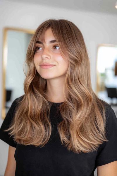 A woman with long, wavy hair featuring curtain bangs looks off to the side, wearing a black top.