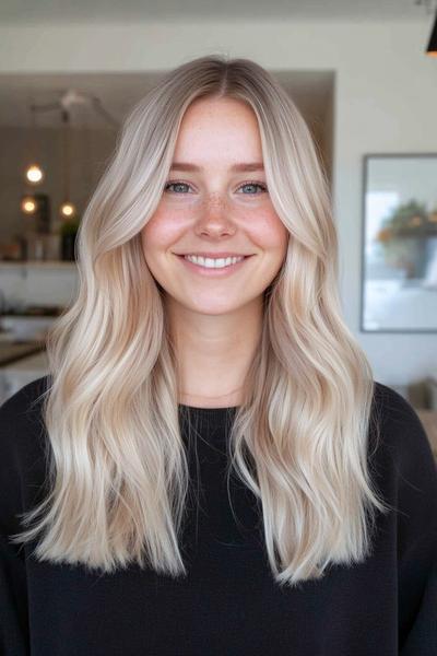 A woman with light ash blonde, wavy hair styled in loose layers, smiling and wearing a black top.