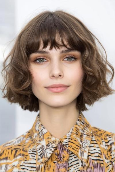 A woman with a wavy bob haircut and straight fringe, wearing a patterned blouse.