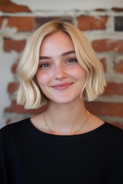 A woman with a blonde bob hairstyle featuring soft waves, with a brick wall in the background.