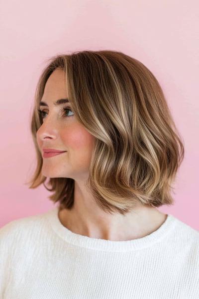 A woman with shoulder-length, wavy hair, parted in the middle, featuring subtle blonde highlights.