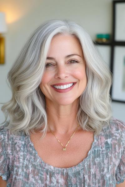 A woman with shoulder-length, wavy, silver-grey hair styled in loose, youthful waves.