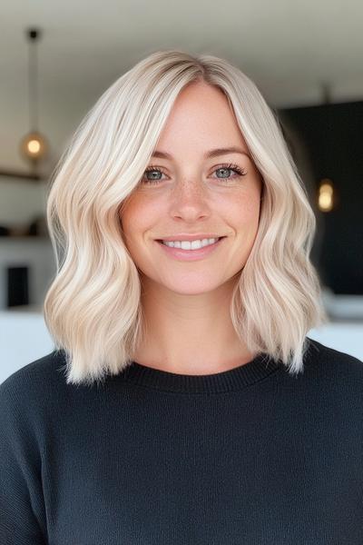 A woman with light ash blonde, wavy shoulder-length hair, parted to the side.