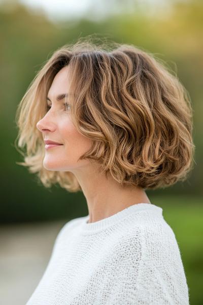 A woman with a short, wavy bob hairstyle, featuring soft, voluminous waves and a natural, highlighted colour.