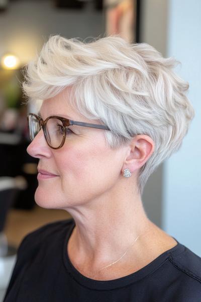 A short, layered, and textured pixie haircut with side-swept bangs in silver-grey, ideal for a wash-and-wear style.