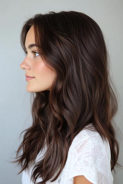 Profile view of a woman with long, wavy, dark brown hair styled in loose, natural waves.