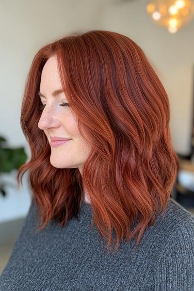 A person with dark auburn, shoulder-length, wavy hair styled with a middle parting.