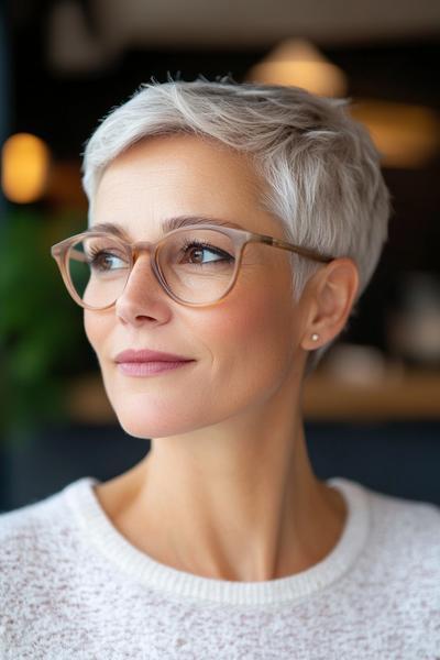 An older woman with short, silver pixie cut hair and stylish glasses, wearing a light-coloured sweater, is confidently looking away.