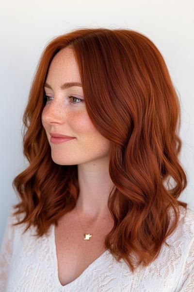 A woman with dark auburn, wavy, shoulder-length hair is shown from a side profile against a plain background.