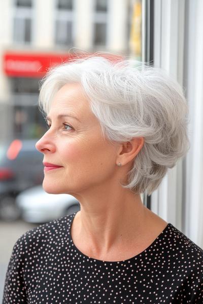 An elderly woman with short, wavy, silver hair styled in a layered cut.