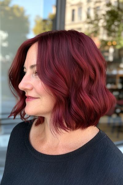 Woman with wavy bob-cut hair in a rich, burgundy dark red hue against a blurred outdoor backdrop.