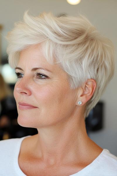 A woman with short, layered, platinum blonde hair styled in a pixie cut with side-swept bangs.