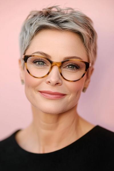 An older woman with short grey pixie cut hair, wearing stylish tortoiseshell glasses.