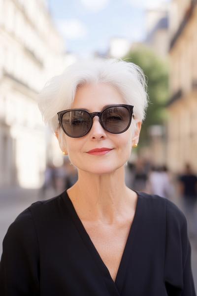 A stylish older woman with short, choppy, white hair wears dark sunglasses and a black top.