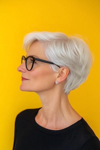 A woman with short, stylish white hair in a sleek, wash-and-wear pixie cut, wearing glasses against a yellow background.