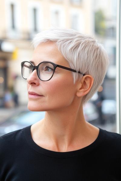 An elderly woman with short, white pixie cut hair, wearing glasses and a black top.