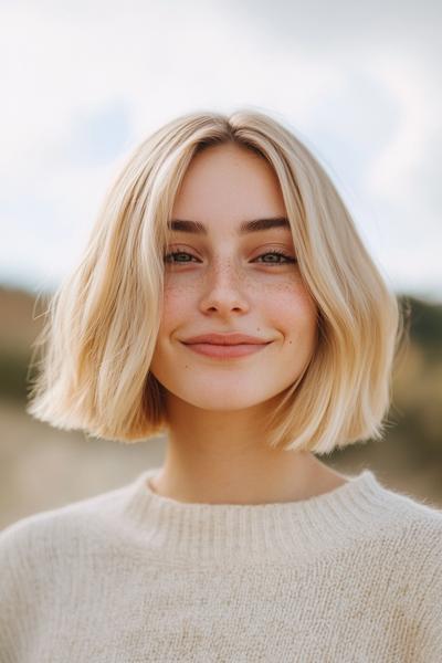 A woman with a short, straight blonde bob haircut is smiling while wearing a cream-coloured sweater.