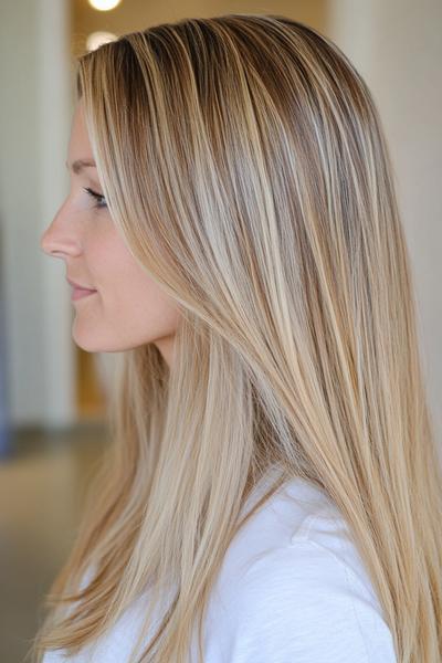 A woman with long, straight blonde hair featuring dark brown streaks for a multi-dimensional look.