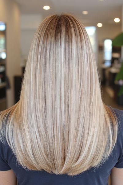 A long, straight, blonde hairstyle featuring subtle dark brown streaks for added depth and dimension.