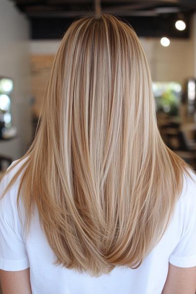 A blonde hairstyle with dark brown streaks, featuring straight, layered hair that reaches the upper back.