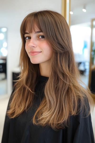 A woman with long, wavy brown hair featuring curtain bangs stands in a bright, modern salon.