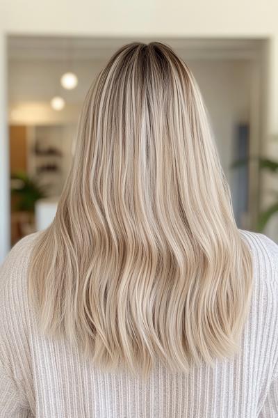 A person with silky, light ash blonde hair, styled in loose, flowing waves, photographed from the back showing natural roots blending into the blonde shade.