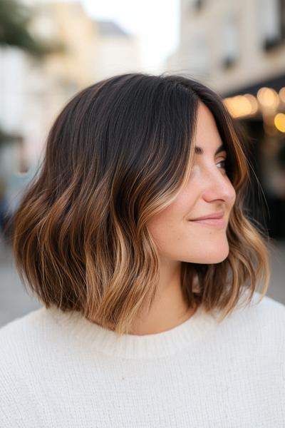 A close-up of a woman with chin-length black hair featuring subtle blonde highlights and loose waves, wearing a white sweater.