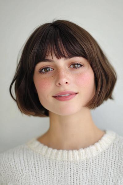 A woman with a bob hairstyle featuring straight fringe, wearing a white knitted sweater.