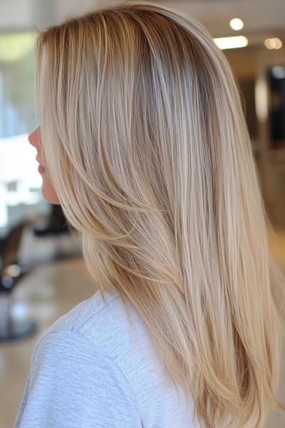 Blonde hair with dark brown streaks styled in a smooth, layered cut.