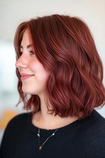 A woman's shoulder-length burgundy dark red hair styled in loose waves, parted to the side.