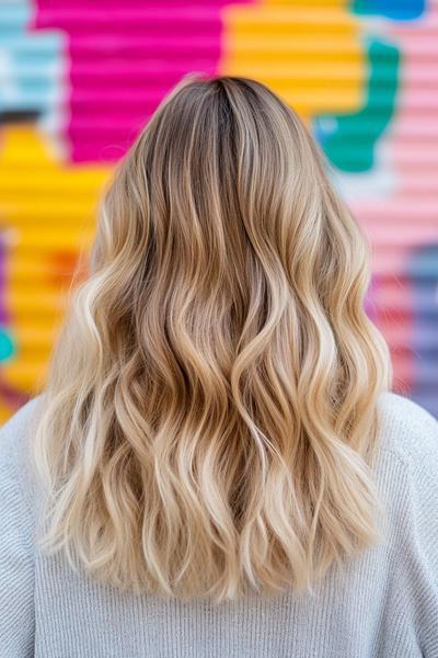 Blonde hair with dark brown streaks styled in loose, wavy layers.