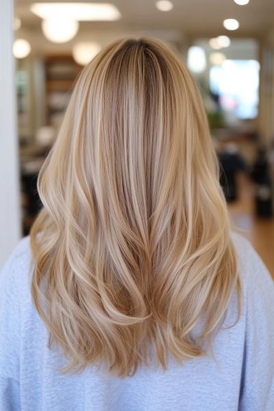 Blonde hair with soft, dark brown streaks flows in loose waves down the back, creating a subtle contrast and natural look.