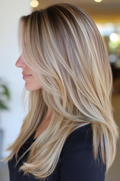 A woman with long, layered blonde hair featuring dark brown streaks, adding depth and contrast.