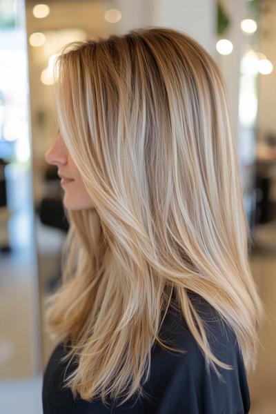 A woman's hairstyle with long, straight blonde hair featuring dark brown streaks for added dimension.