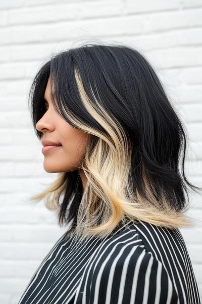 A woman with black, shoulder-length hair featuring blonde highlights at the ends and framing her face.