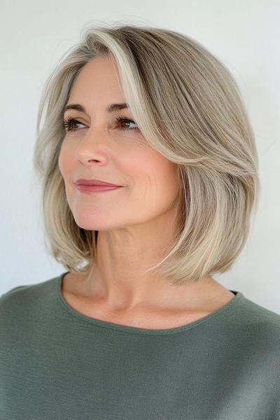 A woman with shoulder-length, layered grey hair parted to the side, styled in a soft and voluminous manner.