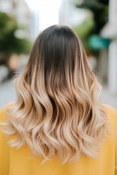 A person with wavy black hair featuring blonde highlights in an ombre style, seen from the back.