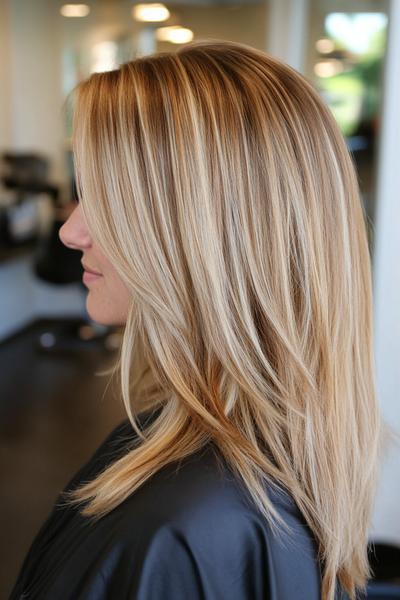 A profile view of a woman with long, straight blonde hair featuring dark brown streaks, adding depth and dimension to the hairstyle.