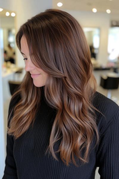 A woman with wavy, dark brown hair featuring subtle caramel highlights, styled in loose waves and parted to the side.