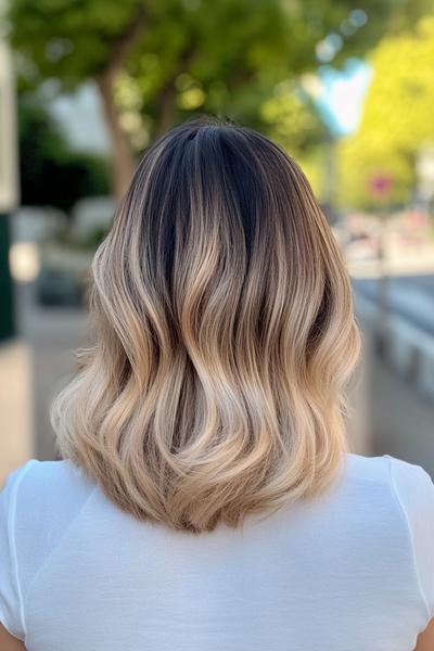 A person with shoulder-length, black hair featuring soft, blonde balayage highlights, creating a natural, blended transition from dark to light.