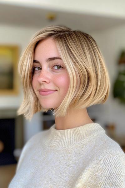 A woman with a chic blonde bob hairstyle, featuring a smooth and slightly angled cut, is posing in a cosy, light-filled room.