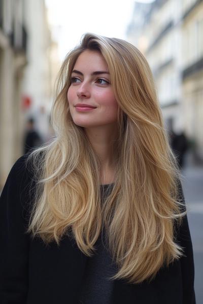 A woman with long, flowing blonde hair featuring subtle dark brown streaks, standing in an outdoor urban setting.