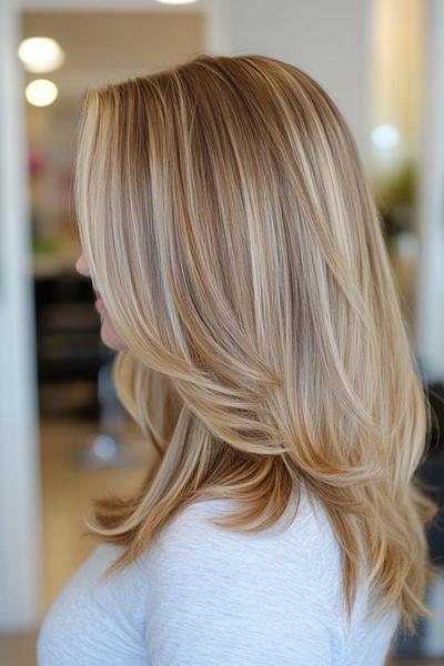 Blonde hair with dark brown streaks styled in soft, flowing layers.