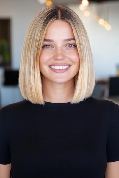 A woman with a sleek, blonde bob haircut smiles brightly, her straight hair ending just above her shoulders.