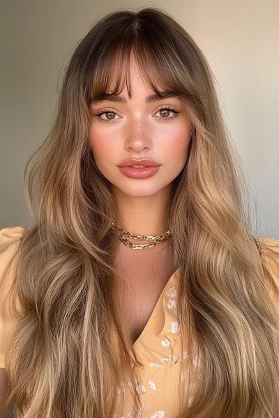 A woman with long, wavy hair and curtain bangs, wearing a light yellow top and a gold chain necklace.